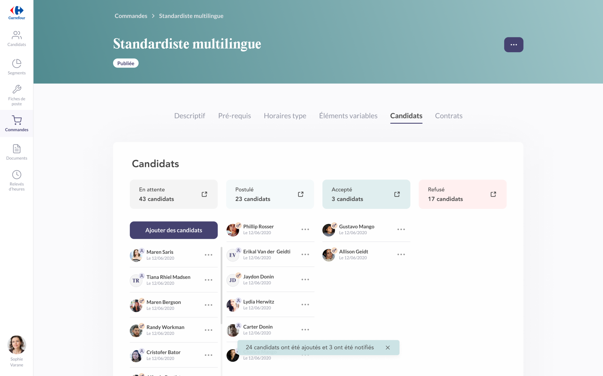 Capture d'écran de l'application Troops de la page de commande avec la liste des candidats.